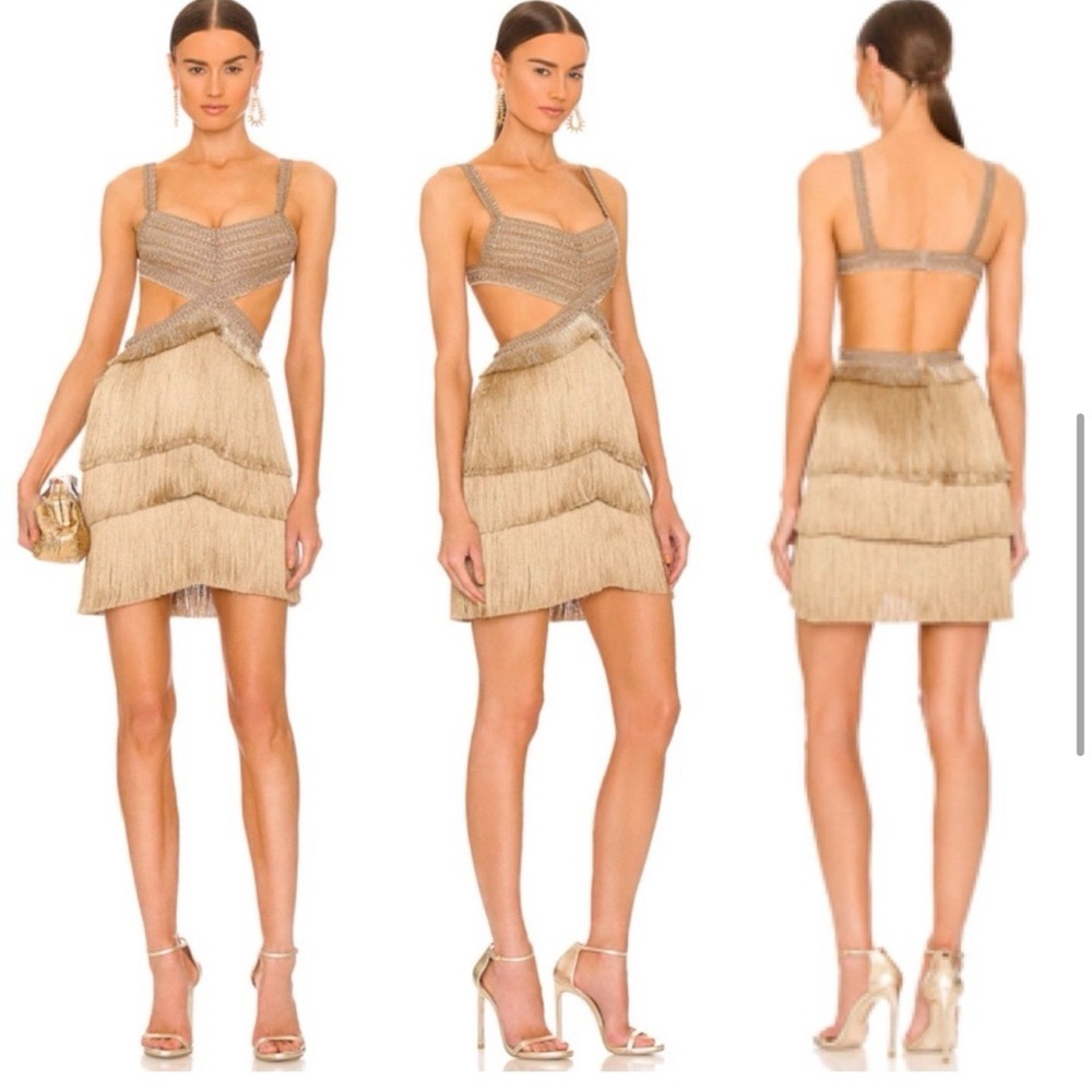 NWOT: Patbo  Metallic Fringe Trim Mini Dress in Gold